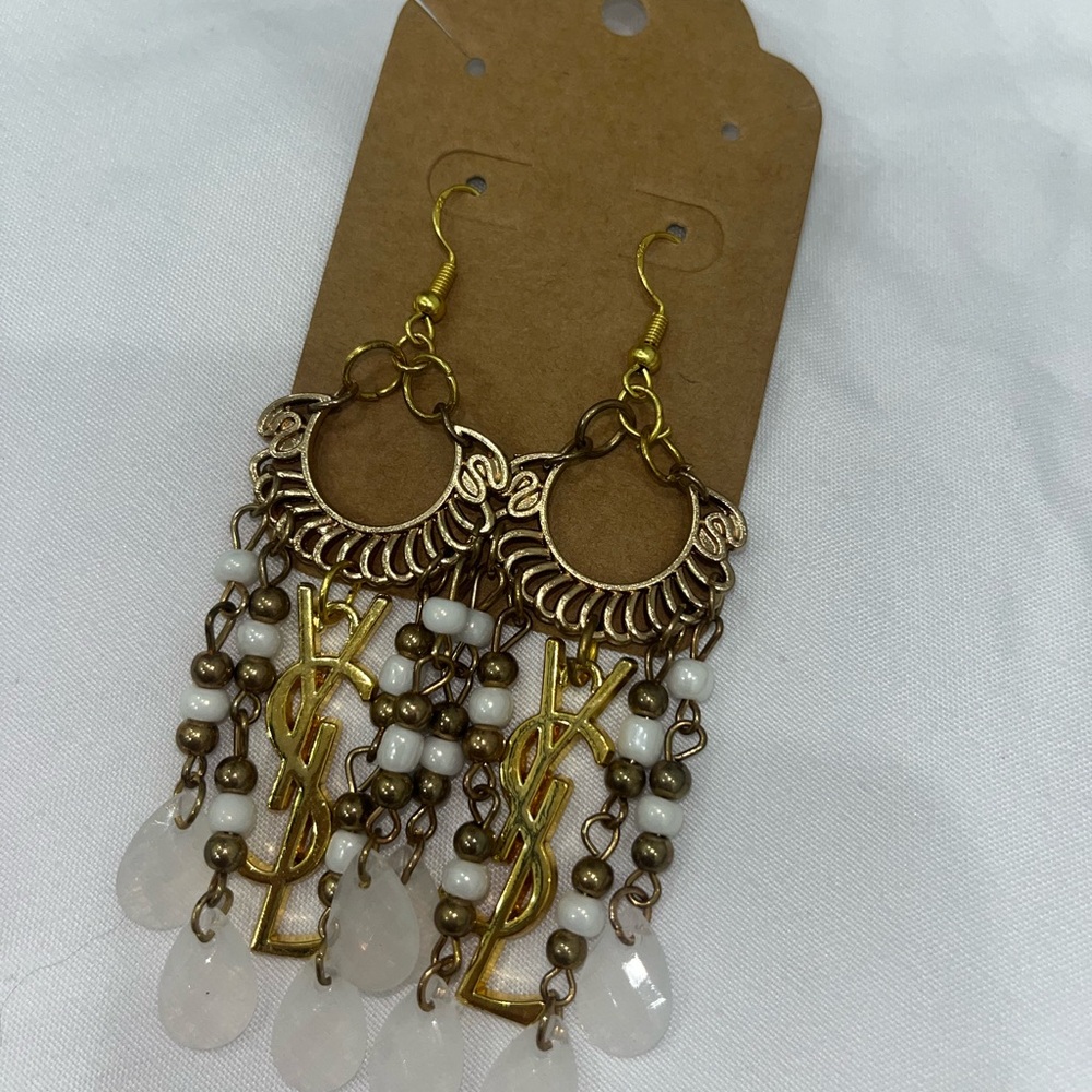 Gold and White Dangle Earrings